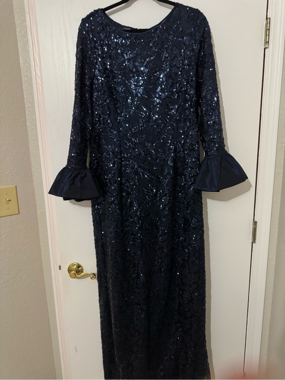 Teri Jon Navy Sequin Long-Sleeve Gown with Flared Cuffs
